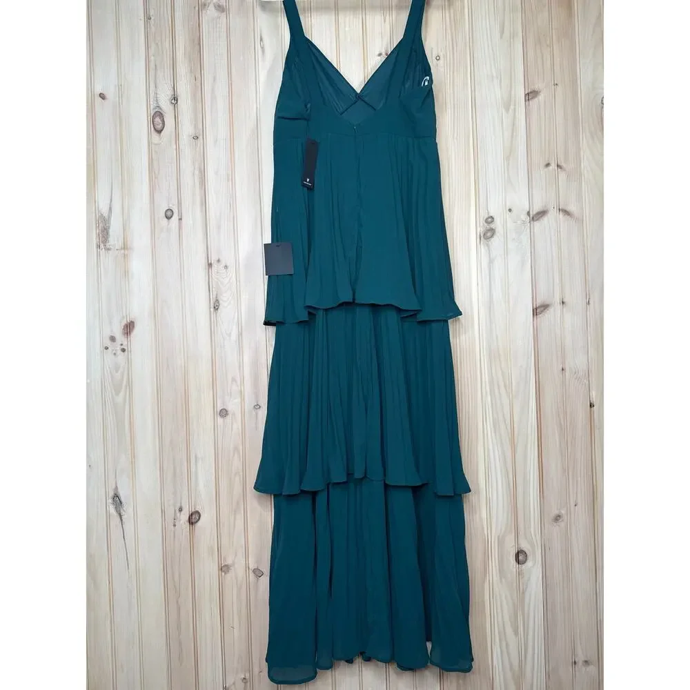 NWT Lulus Luxe Perfection Emerald Green Pleated Tiered Backless Maxi Dress Sz XL